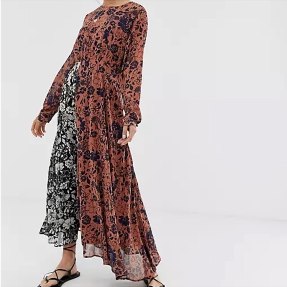 Ghospell Floral Maxi Dress Size L Long Sleeve Boho In Contrast Mix Match Print